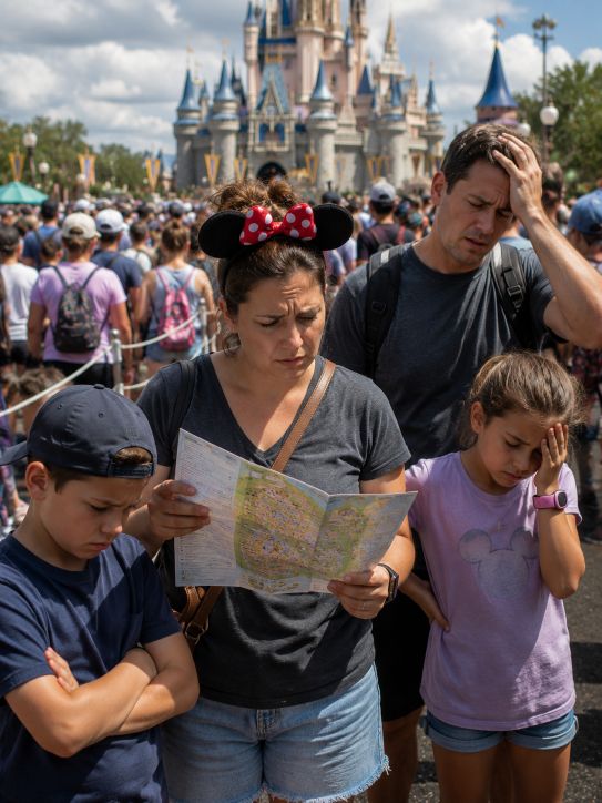 Família cansada e perdida no parque